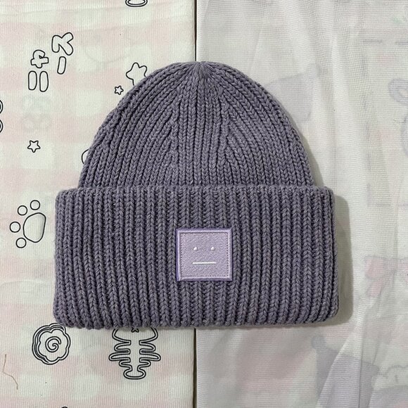 Acne Studios Embroidered Smiley Face Knit Hat Purple - Picture 1 of 5